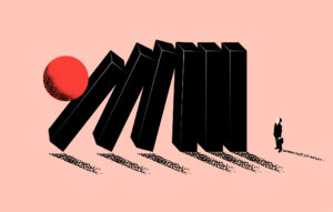 Conceptual business illustration of upcoming business problem metaphor with falling domino and businessman silhouette. Minimalistic vector eps 10 illustration
